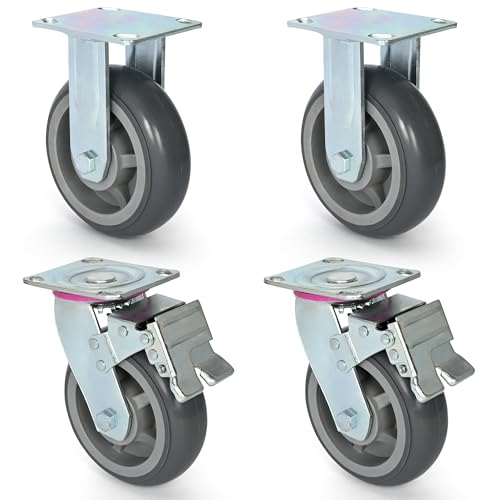 6 inch Caster Wheels, Heavy Duty Casters TPR Rubber Silent Wheels Industrial Locking Rolling Casters 360 Degree Wheels Top Plate Casters for Cart, Furniture, Equipment (2 Swivel and 2 Rigid)