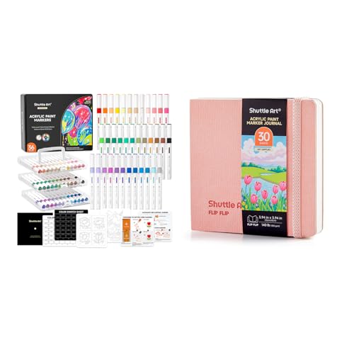 Shuttle Art Acrylic Paint Markers and Marker Journal Set, 36 Colors Automatic Ink Control Acrylic Paint Markers + 3.94x3.94 Watercolor Journal Set