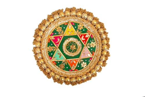 Image of Wood Handmade Gota Patti Work Plate, Table Decor & Base For Statues, Gods, Plant, Craftsmanship With Golden Moti Detailing, Gift For Diwali, Birthdays, Housewarming Size 13 inch Green 2