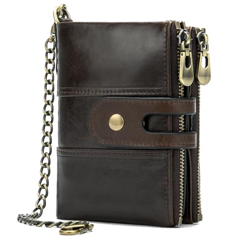 NIUCUNZH Genuine Leather Soft Bifold Rfid Wallets for Men Coin Purse Keychain Snap Zip Wallet with Chain