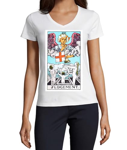 T-shirt femme col v coton blanc XXL imprimé carte de tarot artistique Judgement