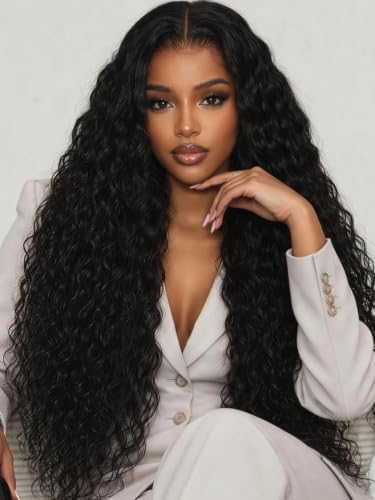KLAIYI Water Wave Pre Everything™ 13x4 HD Lace Frontal Human Hair Wig with Baby Hair Drawstring Glueless Pre Plucked Bleached Bye Bye Knots Curly 30S Ready to Wear and Go Wig Beginner Friendly 30Inch