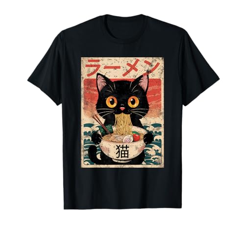 Póster japonês engraçado de gato ramen kawaii vintage anime para homem t-shirt, Preto, Pequeno