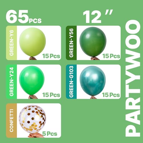 Image of PartyWoo Green Balloons 65pcs 12 Inch Light Lime Dark Emerald Hunter Forest Metallic Green Gold Confetti Balloons for Baby Shower Wedding Engagement Jungle Woodland Birthday Party Decorations