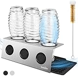 Flaschenhalter Abtropfgestell passend für Flaschen der Sodastream, Crystal, Soldow Abtropfhalter aus Edelstahl u. Silikon, 2er/3er Flaschenständer +Bürsten +Abtropfmatte, Schwarz/Silber