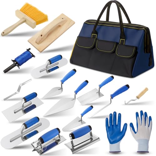 SiliFine 18 Pcs Masonry Hand Tool Set in Tool Bag Includes 6 Pcs Trowel Set Wooden Sanding Board Stainless Steel Putty Knife Brush Rebar Hook Masonry Kit Rubber Gloves Construction Wire(Blue)