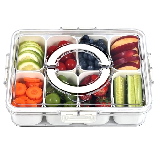 UPTRUST Divided Serving Tray with Lid and Handle - Snackle Box Charcuterie Container for Portable Snack Platters - Clear Organizer for Candy, Fruits, Nuts - Perfect for Party, Entertaining