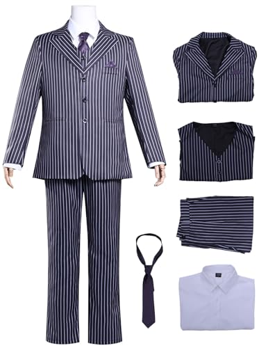 Kolegrial Gomez Disfraz Hombre Cosplay Season 2 Miércoles Papá Gomez Gótico Rayas Smoking Set Chaqueta Chaleco Camisa Pantalones Corbata para Carnaval Halloween Fiesta Mascarada Juego de rol Traje