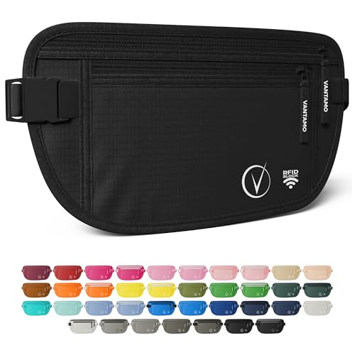 Money Belt For Travel Hidden, RFID Protected Waist Wallet, Fits Passport & Phone with covers, Includes 2 Global Recovery Tags (Regular, Black)