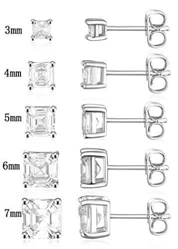 Mdfun 5 Pairs Asscher Cut Stud Earrings Set White Gold Hypoallergenic Cubic Zirconia 4 Prong Cz Stud Earring For Women And Men Pack Of 5 Pairs 3-7Mm (Asscher-White Gold-5 Pair) #TOP1