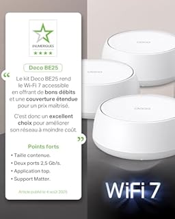 TP-Link Deco Routeur WiFi 7 Mesh BE3600 Bi-Bande, Port Ethernet 2,5G, Couverture de 490㎡, Itinérance IA Transparente, Connectez 150 appareils, Compatible Toutes Les Box Internet, Deco BE25(3-Pack)