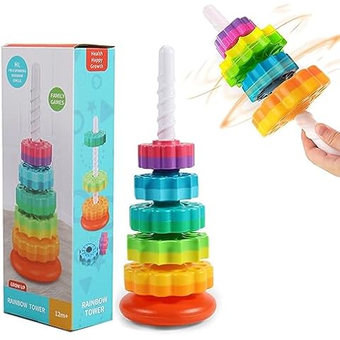 Baby Spinning Stacking Toys, Spin Toys ABS Plastic and Color Rainbow Design Ring Stacker Baby Toys 6 to 12 Months Montessori Educational Learning Autism Sensory Toys for Boys and Girls Baby Cover