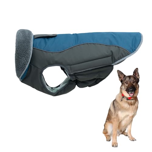 大型犬用冬用防水犬用コート、犬用冬用ラペルジャケット、フリース裏地反射ペットジャケット、小型・中型・大型犬用ハーネスホール付きペットコート,ブルー,M