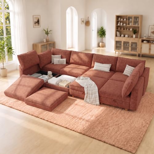 Image of 128 inch Chenille Modular Sofa Bed with Washable Covers & Storage, 8-Seater Modular Sectional Sleeper Sofa Bed with Movable Ottoman Chaise, Convertible Sleeper Sectional Couches for Living Room, Orange