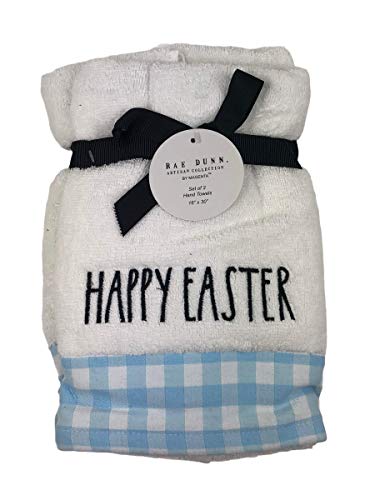 Rae Dunn Happy Easter White Blue Gingham Trump Set Of 2 Hand Towels Set #TOP23