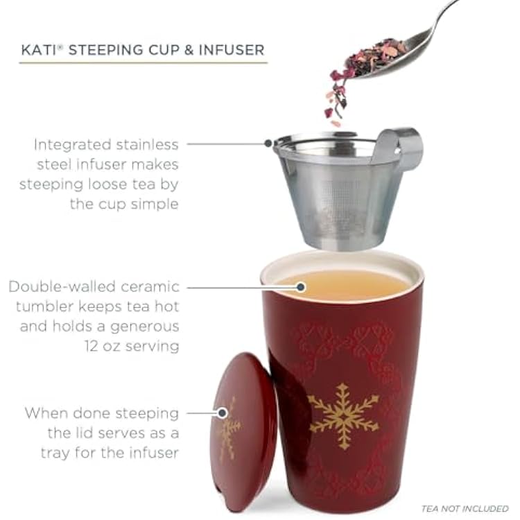 Tea Forte Double-Walled Ceramic Kati Cup, Removable Stainless Steel Infuser Basket and Lid, Steeps 12 oz Loose Leaf Tea, Dishwasher & Microwave Safe, Warming Joy