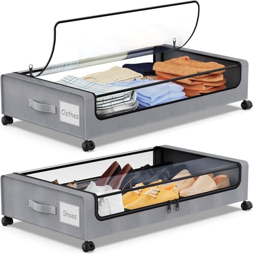 SPEEDEVE Caja de Almacenamiento Debajo de la Cama Con Ruedas,2 Piezas Organizador Ropa con Ventana Transparente Para Zapatos Mantas Juguetes,Gris,2 Piezas