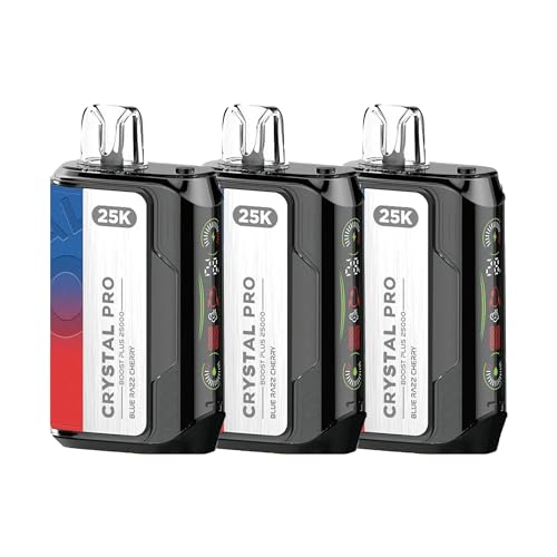Crystal Pro 25000 Boast Plus 2 In 1 Mode, Adjustable Airflow, 900mah Rechargeable Battery, Type-C, Design And Build, 2ml Cartridge No Nicotine, Pack of 3, (Blue Razz Cherry)
