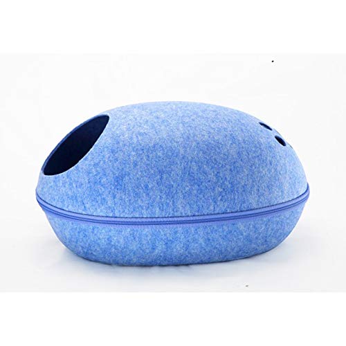 Nid chat anti-stress en feutre bleu avec coussin zippé