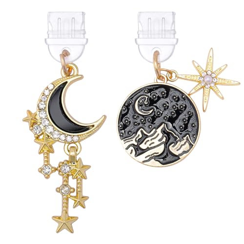 TAKEALOOKO Star Moon Dust Plug Charms - 2 Pack Mystical Aesthetics Pendants Compatible with Kindle, Type C/USB C Phone Charm Charging Port Protector and E-Reader Accessory Gifts