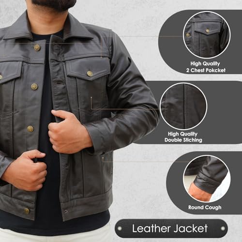 Image of Vintage Style Trucker Jacket Men - Classic Fashion Motorcycle Leather Jacket for Men Collar Jackets For Mens