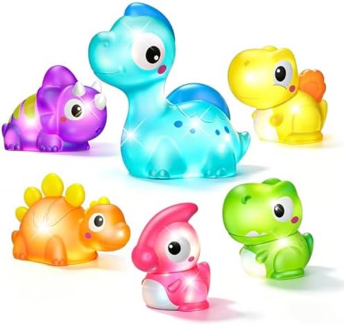 Baby Light Up Bath Toys: 6 Pack Dinosaur Water Activated Bath Toys for Kids 1-3, No Hole Water Toys for Toddler Bathtub/ Swimming/Pool, Baby Shower Birthday Gifts for Boys & Girls