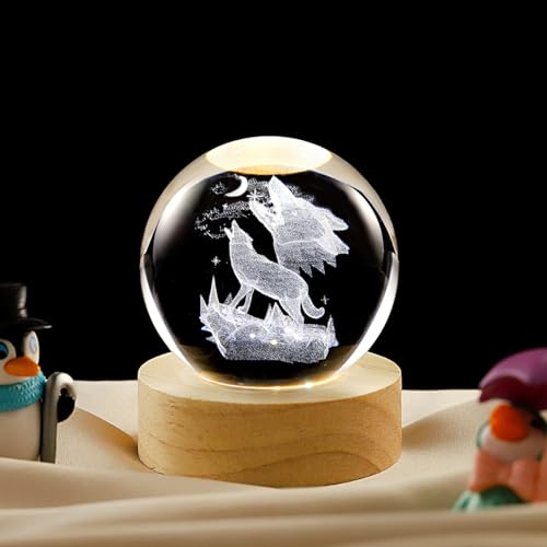 Image of 3D Wolf Crystal Ball Lamp with Dimmable LED and Wooden Base, Night Light for Kids Teens Adults, Home Desk Office Bedroom Decor, Birthday Gift (2.4 inch / 6cm)