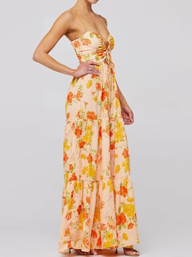 Image of Womens Summer Floral Spaghetti Strap Backless Low Cut Smocked Milkmaid Flowy Beach Sundresses