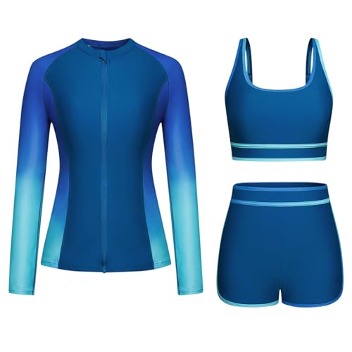 Trajes de baño de 3 piezas con protección solar UV UPF 50+ para mujer, traje de neopreno de manga larga, bikini con cremallera, conjunto modesto de traje de baño, protección solar, camiseta de