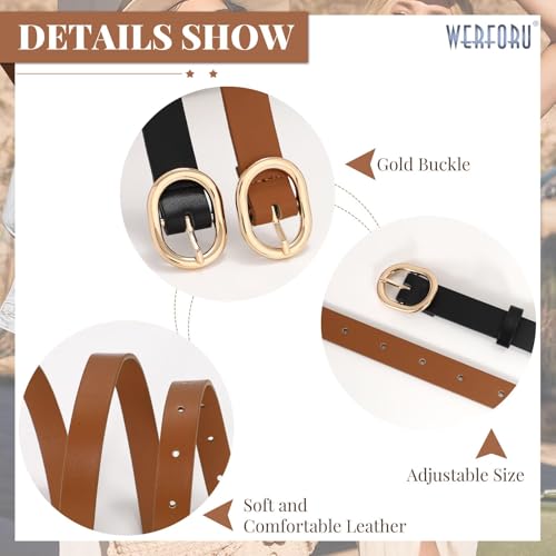 WERFORU 2 Pack Women's Skinny PU Leather Belt with Gold Buckle Ladies Thin Leather Plus Size Waist Belt for Jeans Dress4