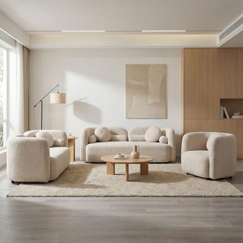 Image of Curved Couch Set for Living Room, 3 Piece Boucle Sofa & Loveseat Set with Accent Chair, Deep Seat Modern Sofa Set, Minimalist Upholstered Living Room Furniture Set for Home Apartment Office, Beige