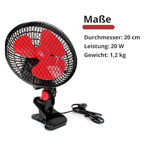 GROWMANIA Ventilator, oszillierend, 2 Geschwindigkeiten, 20 cm, 20 W, Leistung, elektrischer Ventilator, schwarz, mit 3 roten Flügeln, leise, 360 Grad