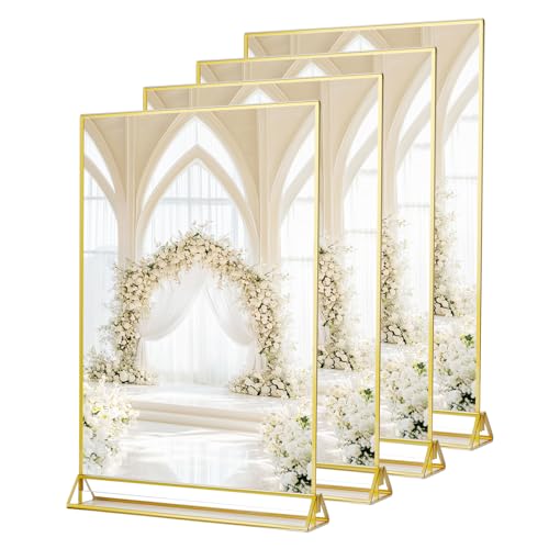 SAN LIKE Lot de 4 cadres photo A4 dorés en acrylique transparent - Porte-cartes de table - Cadre photo double face doré - Support de style chevalet pour numéros de table de mariage, banquets, cadres