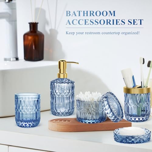 Hebaogugu 5-teiliges Badezimmer Set, Bad-Accessoire mit Seifenspender, Seifenschale, Zahnputzbechern und -Haltern sowie Wattestäbchenbehältern, Elegante Badezimmer deko für das Waschbecken(Blau)