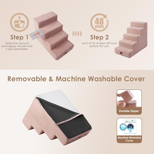 Image of EHEYCIGA Dog Stairs for Bed 25 inch H, 5-Step Extra Wide Dog Steps for High Bed, Pet Steps for Small Dogs and Cats, Non-Slip Balanced Pet Ramp Indoor, Pink