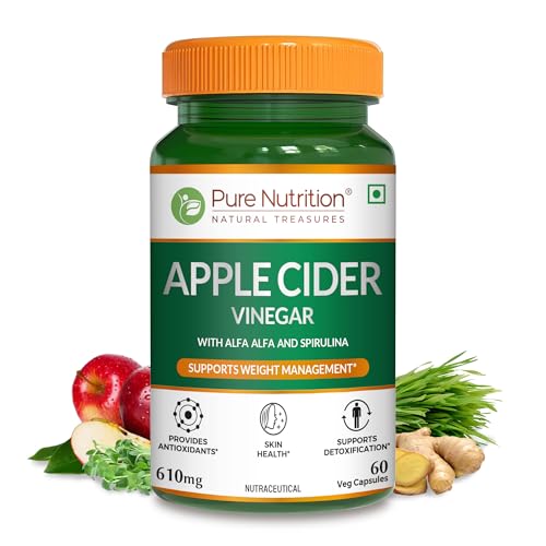 Image of Pure Nutrition ACV Apple Cider Vinegar Capsules | Control Craving | ACV for Weight Loss & Detox with Wheat Grass & Spirulina for Enhanced Wellness | Rich in Antioxidants | Supports Weight Management, Detoxification & Immunity - 60 Veg Capsules
