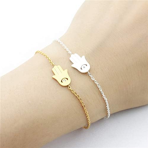 Stainless Steel Silver Rose Gold Link Chain Hand of Fatima Bracelet Anklet Hamsa Jewelry for Women-Silver - Image 3