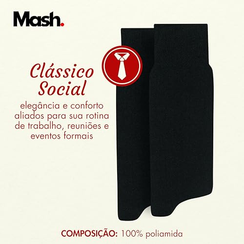MASH Kit 3 Pares Meia Social Clássica Lisa Fina Poliamida Cano Longo Adulto 3 Preto, 39-42