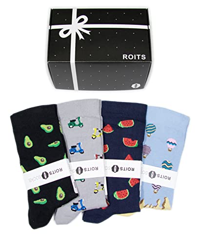 Roits Pack Regalo 4 Pares Calcetines Hombre 41-46 - Calcetines de Dibujos Divertidos Originales Estampados