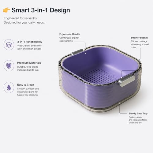 Image of 3-in-1 Vegetable Washing Basket with Drain Tray Set of 3 | Kitchen Strainer & Colander Bowl | Wash, Drain & Store Fruits, Pasta & Veggies | BPA-Free Durable Plastic (Purple)