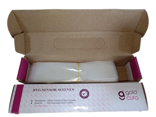 Image of Gold Cura Dental RVG Sleeves | RVG Sensor Sleeves | X-ray Sensor Protective Films | Compatible with Size 1, 1.5 & 2 | Dimensions: L 15.5 CM x W 4.5 CM | Pack of 500 Sleeves