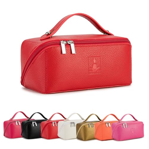 Travel Makeup Bag,Large Capacity Cosmetic Bags for Women, PU Leather Waterproof Portable Pouch Open Flat Toiletry Bag Make up Organizer with Divider and Handle (red)