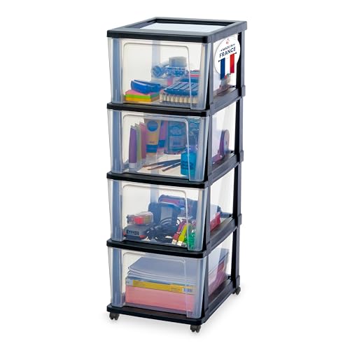 Iris Ohyama, Tour de Rangement Plastique à Roulettes, 4 Grands Tiroirs, Noir, Ouverture Facile, Rangement, pour Bureau, Chambre, Caisson, Organisateur, Sans...