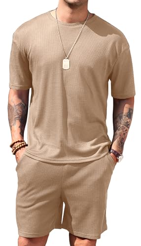 Vssjavun Mens Short Sets 2 Pieces Outfits Waffle Knit Lounge Set Short Sleeve Summer Casual Tracksuit