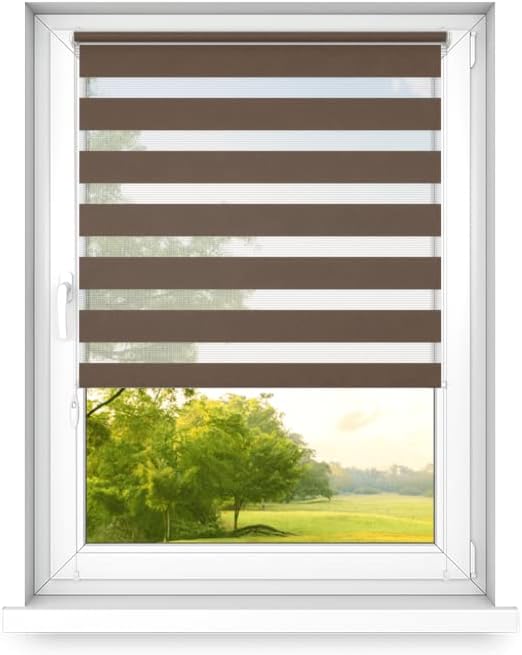 time4blinds - Zebra Roller Blind - Day and Night Blinds - Dual Layer Fabric Zebra Window Blinds, Bathroom, Kitchen, Bedroom Blind – 1300x1200mm – Walnut – Left Sided