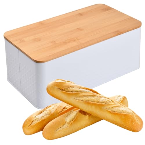 Portapane Moderno, Contenitore per Panescatola Grande Capacità, Portapane in Metallo con Coperchio Bambù, 33x18x13,5cm, Scatola del Pane Freschezza di Lunga Durata per Conservazione Pane (Bianco)