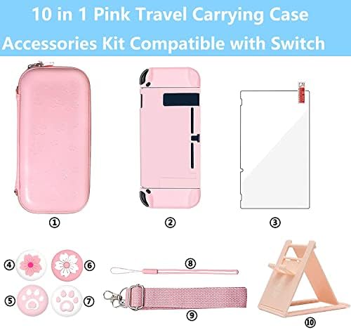 Etui transportowe na Switch/Switch OLED,Zestaw podróżny 10 w 1 akcesoriów zawiera etui do przenoszenia Nintendo Switch Oled, ciężko obudowa, regulowany stojak,4 czapki Thumb Caps i folia ochronna (Switch OLED)