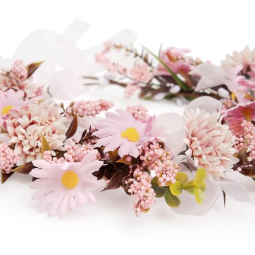 Image of Radhu & Kabby Soft Pink Floral Hair Tiara for Women | Delicate Artificial Flowers with Organza Ribbon | Dreamy Crown for Weddings, Baby Showers, Photoshoots & All Occasions | 1 Pc