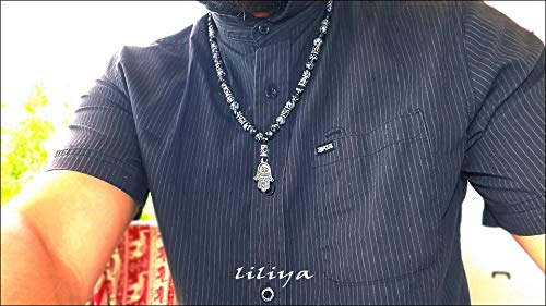 Kabbalah Necklace – Hamsa Beaded Necklace – Evil Eye Jewelry For Men – Good Luck Necklace - Jasper Snowflake And Black Lava Gems – Ancient Tibetan Silver Spacers Gems – Real Gem Evil Eye Charm #TOP5