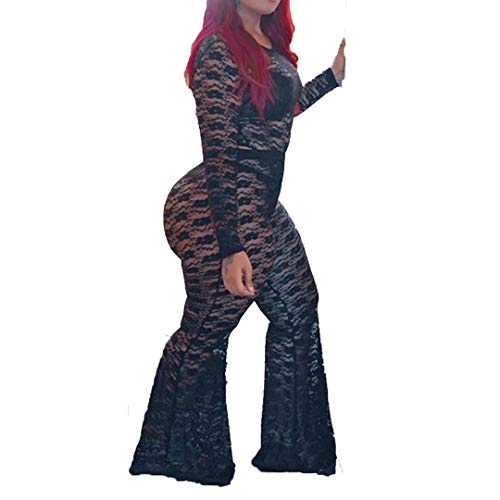 Sexy Plus Size Lace Jumpsuits for Women, O Neck Long Sleeve Bodycon Flare Bell Bottoms Jumpsuits Playsuits Black 2X